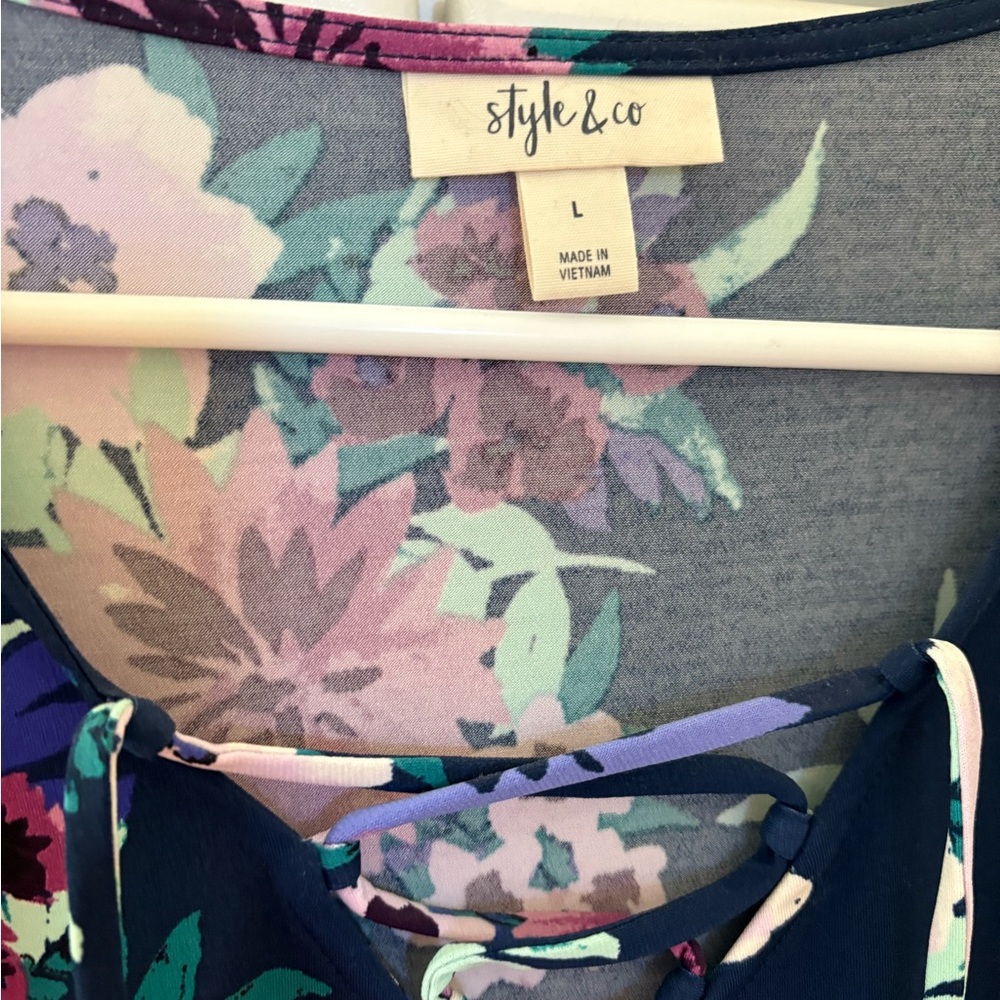 Style & Co. Floral Lace-Up Blouse - Pink, Purple, Green on Navy - Picture 2 of 4